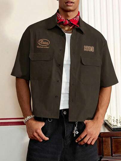 SWAVVY Men's Casual Retro Letter Pattern Front Button Shirt, Summer Streetwear Men Shirt Men Short Sleeve Shirt Men Graphic Shirt