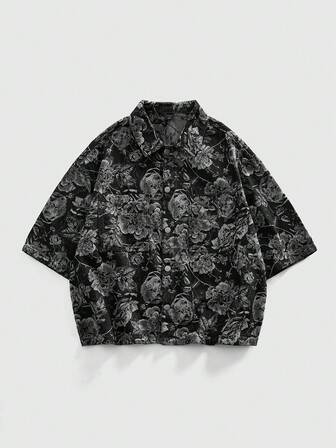 Street Life Men's Floral Print Button Front Casual Short Sleeve Denim Shirt