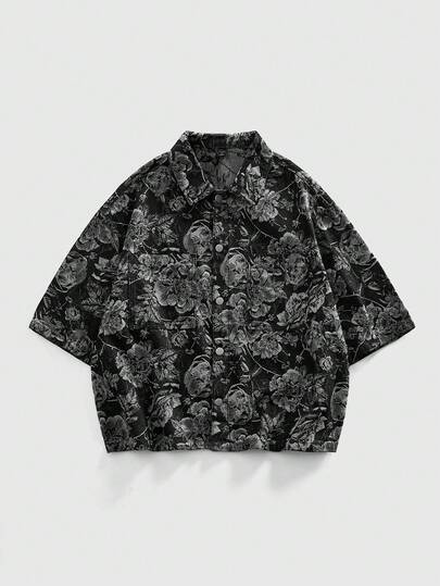ROMWE MEN Street Life Men's Floral Print Button Front Casual Short Sleeve Denim Shirt