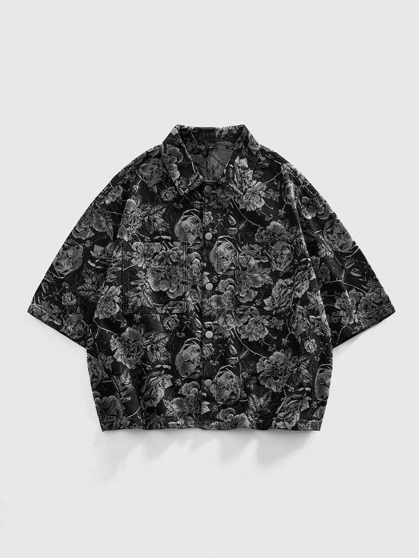 ROMWE MEN Street Life Men's Floral Print Button Front Casual Short Sleeve Denim Shirt