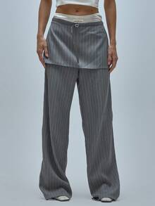 MUSERA Chân váy xếp ly, thắt eo, ống quần kẻ sọc, quần tây công sở, size S, thích hợp mặc hàng ngày, phong cách dễ thương, cá tính, mùa hè, thường ngày. - Nhiều màu - Xem 3