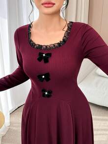 Feyla 大码女式撞色蕾丝圆领长袖蝴蝶结装饰优雅长裙 - 彩色 - 查看 3