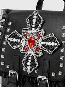 ROMWE Goth 女士朋克风时尚背包，带交叉铆钉，适合上学和情人节 - 黑色十字架 - 查看 3