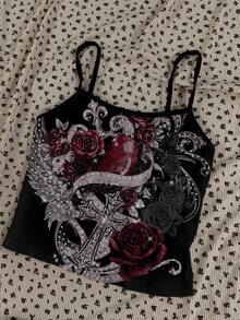 Attitoon Set de 3 piezas de top tipo camiseta Y2K, estilo punk retro y casual, con estampados versátiles de corazón, cruz, alas y letras góticas en inglés desgastadas, para un cómodo verano y primavera de las mujeres - Multicolor - Ver 5