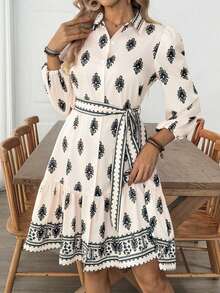 EMERY ROSE Women's Romantic Elegant Fitted Floral Print Long Sleeve Dress - Apricot - View 4