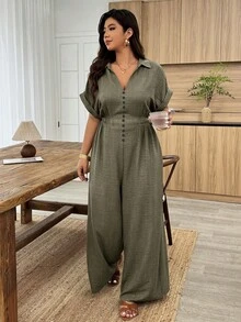 Weeklong Plus Size Women's Spring/Summer Shirt Collar Rivet Decor Elastic Waist Casual Jumpsuit For Vacation & Commute