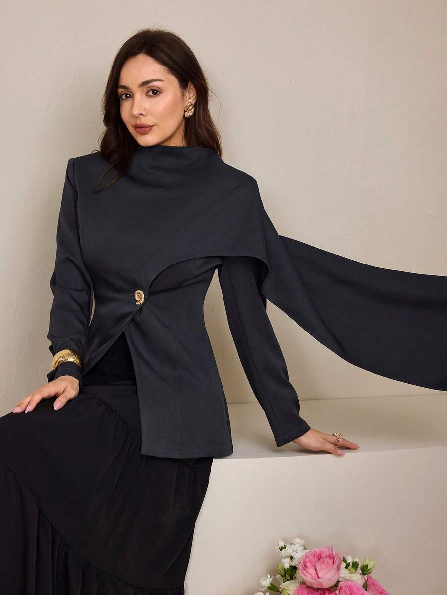 Graceveil Áo khoác blazer nữ tay dài ôm dáng, ve áo bất đối xứng - Màu xám đen - Xem 1