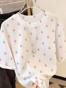 Resyla 女士时尚休闲落肩圆领T恤，草莓印花T恤，草莓数码印花T恤，休闲舒适户外T恤，四季皆宜T恤，水果T恤 - 白色 - 查看 3