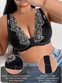 DesireSculpt 1pc Plus Size Wireless Lace Patchwork Front Closure Casual Comfortable Bra - Black - View 7