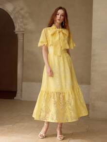 MOTF PREMIUM ELEGANT ORGANZA CONTRAST LACE BOW TIE CHIFFON DRESS, SPRING/SUMMER - Yellow - View 4