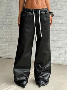 Jeanoix Y2K Fashion Casual Elastic Waist Drawstring Faux Leather Coated Wide Leg Pants - Black - View 3