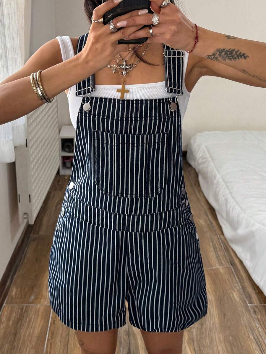 StreetHx Fashionable Casual Street Style Striped Denim Bib Overall Jumpsuit - Medium Wash - View 1