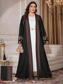 SHEIN Najma Plus Size Women's Retro Pattern, Floral Digital Print Embroidery Inspired Long Sleeve Casual Arabic Abaya Cardigan Maxi Jacket, Spring/Autumn - Multicolor - View 1