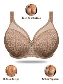 DesireSculpt Women Plus Size Solid Bow Tie Diamonds Decorated Comfortable Sexy Mesh Splice Floral Lace & Skin-Friendly Soft Cup Bra Steel Ring Instantlift Bra - Apricot - View 4
