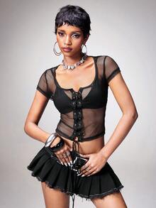 Y2Kool Casual Sexy Urban Chic Icon Minimalist Y2K Stylish Women Mesh Lace-Up Crop Top, Suitable For Vacation, Date, New Year Party, Wedding, Valentine's Day, Work, Spring/Summer, For Women.Going Out,Sexy, Elegant,Civil Wedding,Wedding Guest, Music Festival, Musician, Night Club - Black - View 9