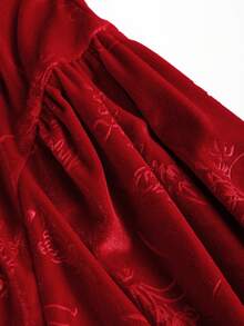 Sweetra 女士复古性感橄榄绿丝绒褶皱印花吊带扭结不对称领口修身A字连衣裙，秋冬款 - 紅色 - 查看 7