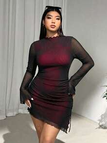 SHEIN EZwear 大码不对称下摆褶裥涤纶尼龙混纺连衣裙 - 彩色 - 查看 4