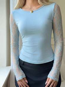 CovetEZ Women's Light Blue Lace Contrast Mesh Sexy T-Shirt, Spring/Summer Baby Blue Top Women Lace Long Sleeve Top Long Sleeve Mesh Top - Baby Blue - View 5