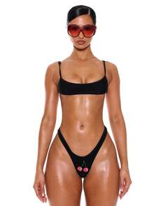 Musera Resort 超迷你细带比基尼上衣，仅供夏季春季度假性感伊比沙岛海滩装穿着，纳米级图案科技黑色纯色 - 黑色 - 查看 6