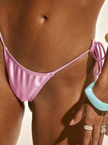 Musera Resort 金属色丁字裤后系带比基尼泳裤（仅限沙滩泳装）度假夏季假日可爱性感伊比沙岛优雅Y2K春季 - 粉色 - 查看 5