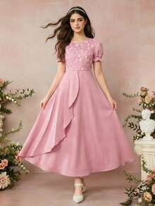 Vestido con mangas cortas y bordado de lentejuelas para adolescentes, adecuado para citas y ocasiones formales - Rosa - Ver 9