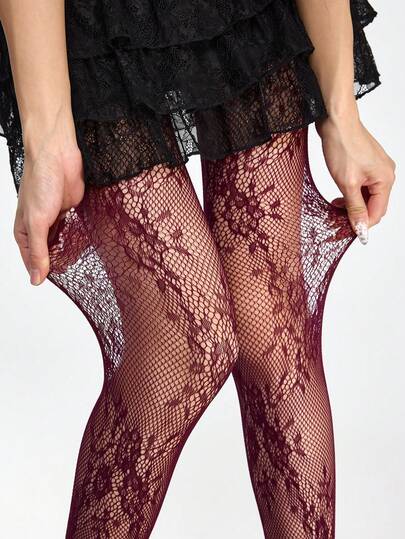 Kawaii 2 paia di collant sexy in pizzo floreale e rete, collant opachi vintage color marrone e bordeaux, collant sottili e elastici, velati