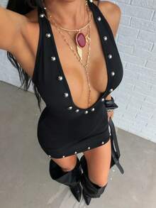 Jeanoix 女士铆钉装饰露背吊带紧身连衣裙 - 黑色 - 查看 1