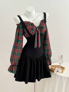 Elamini 女士时尚格子印花荷叶边拼接连衣裙 - 墨綠色 - 查看 4