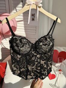 Comfortcana 大码性感蕾丝透视吊带背心，适合派对和情人节穿着，春夏款 - 黑色 - 查看 3