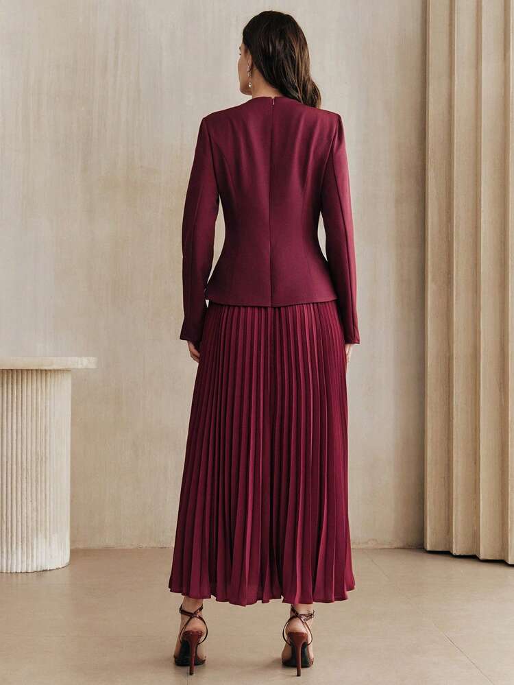 女性用プリーツAラインラインストーン装飾長袖ビジネス/フォーマルドレス、ラウンドネック、フィット