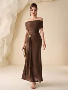 Modelyn 1 Set Elegant French Style Off-Shoulder Ruffle Blouse + Metal Buckle Tie Waist Skirt, Vacation Outfit - Coffee Brown - View 8