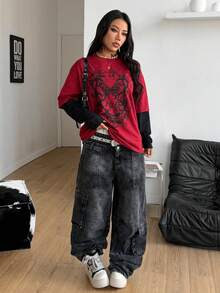 Coolane Áo thun dài tay dáng rộng bằng cotton in họa tiết, phong cách đường phố mùa đông/thu dành cho nữ, kiểu dáng thường ngày, hippie, preppy, grunge, punk, goth. - Màu Đỏ Sâu - Xem 2