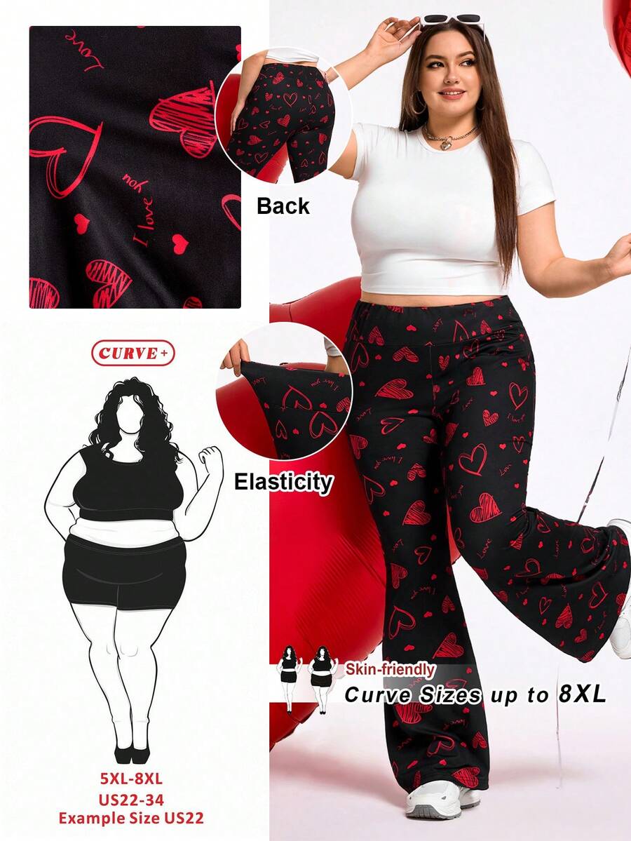 SHEIN CURVE+ Pantalones casuales de cintura alta y acampanados con elástico para mujeres de talla grande, pantalones frescos de primavera y verano para mujeres, pantalones acampanados