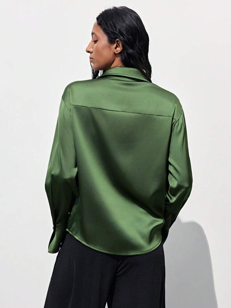 SHEIN Maija Women's Casual Solid Color Long Sleeve Shirt, Lightweight Satin Fabric, Front Metal Button Simple Design, Versatile And Practical, Can Be Worn Alone Or As A Layering Piece, Showcasing A Natural And Comfortable Daily Style