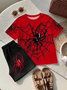 SHEIN 男童休闲T恤套装，经典酷炫卡通蜘蛛英雄图案，蜘蛛网，印花设计，适合春夏穿着 - 彩色 - 查看 2