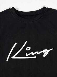 SHEIN Mirajuku 2件套/套 男童印花黑色短袖T恤和米色工装裤休闲套装，春夏款 - 灰色 - 查看 5