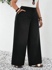 SHEIN Tall CURVE 高个加大码春夏度假休闲女式牛仔裤，后腰松紧带设计，宽松版型，带口袋，阔腿舒适休闲牛仔裤