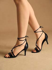 Rosivie 女士时尚波西米亚度假风鳄鱼纹露趾高跟凉鞋 - 黑色 - 查看 4