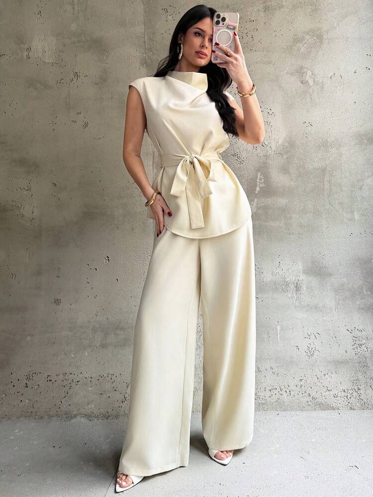 Firerie طقم ملابس علوية وبنطلون عريض الساق من قطعتين للنساء، ملابس علوية بياقة منسدلة وأكمام منتفخة وخصر ضيق، وبنطلون عالي الخصر واسع الساق، باللون البيج، موضة جديدة للارتداء اليومي والخروج - لون مشمشي - مشاهدة 4