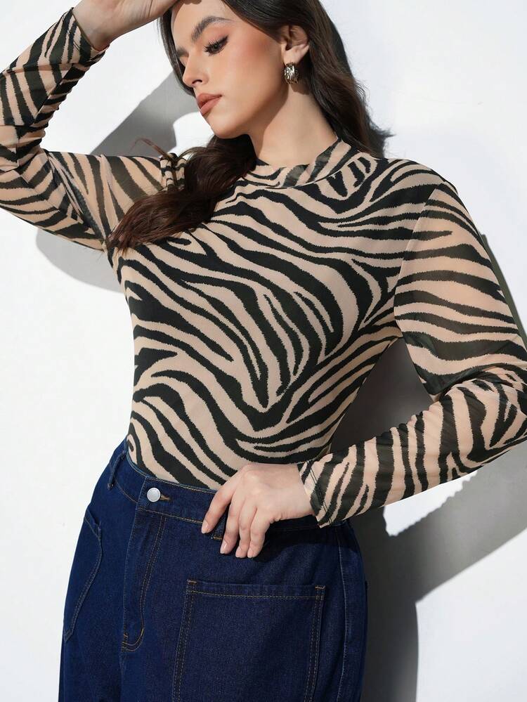 SHEIN Maija Plus Size Women Zebra Print Turtleneck Long Sleeve T-Shirt With Sheer Mesh Panel, Elegant & Sophisticated Urban Casual Business Attire, Suitable For Office Wear, Commuting, Fashionable & Graceful, Ideal For Summer, Valentine's Day