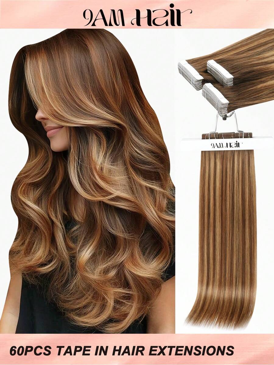 60pcs Tape In Hair Extensions 100% Human Hair #T4-P4/27 Balayage Chocolate Brown To Caramel Blonde Straight Style In 14-22 Inch Lengths Extensions Silky Seamless Invisible Top Quality Thick Ends Healthy Human Hair Extensions For Thin Hair And Salon Use - ST4-P4/27 - View 1