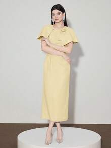 Modelyn 女士优雅中长连衣裙，饰有3D立体花卉纹理 - 鵝黃色 - 查看 8