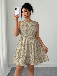 Elenzga Vacation Style Backless Halter Tie A-Line Dress - Khaki - View 7