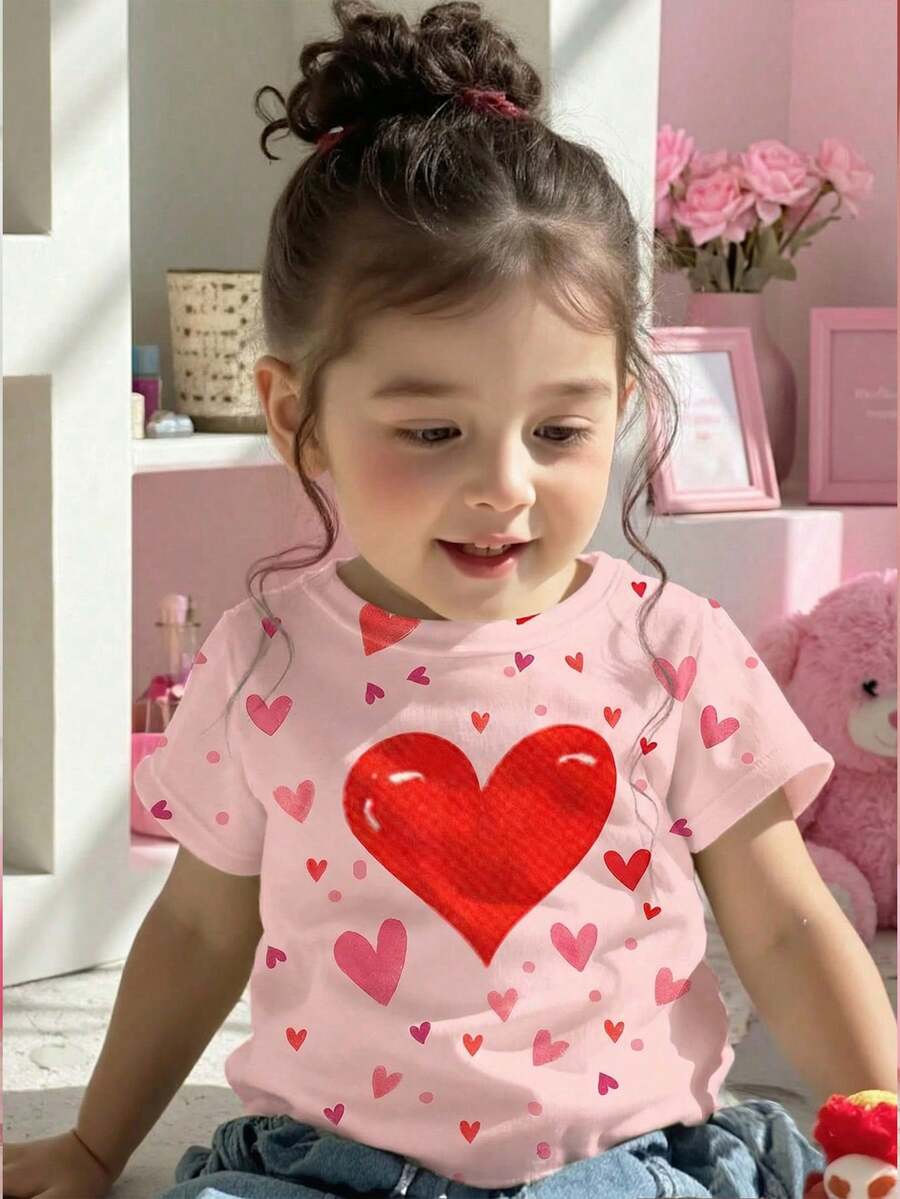 SHEIN 奶油粉色,可爱甜美少女红色爱心图案印花,女婴休闲简约短袖圆领T恤,适合春夏日常穿着、外出、亲子装、情人节等场合。 - 彩色 - 查看 1