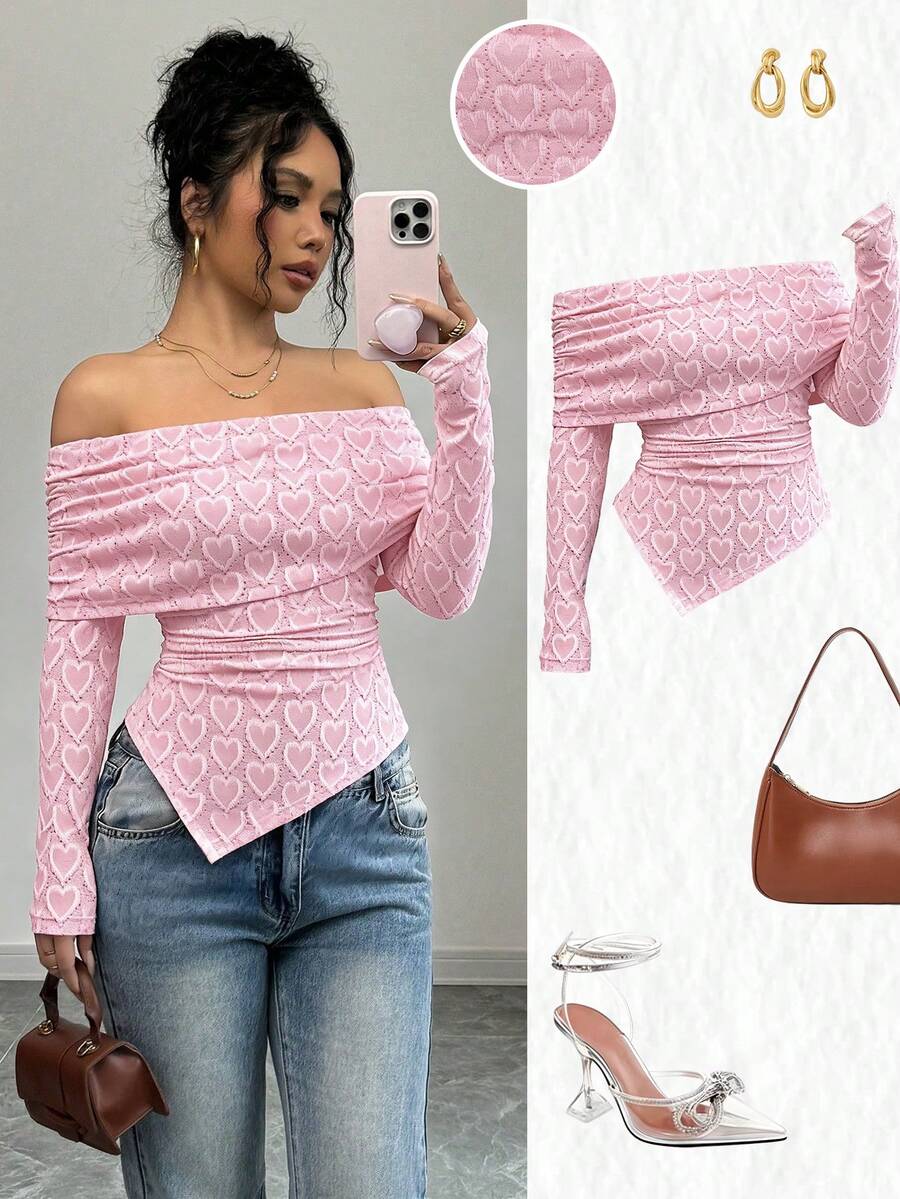 Rafferiza Elegant och trendig t-shirt med smal passform, bara axlar och stort slag, hjärtmönster i spets för unga kvinnor, lämplig för vår/höst - Rosa - Visa 1