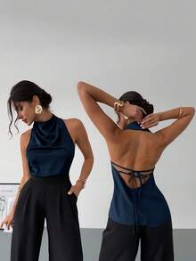 Firerie Xuân/Hè Mới Thanh lịch Thường ngày Cổ điển Hiện đại Cổ áo không đều Không tay Halter Hở lưng Nơ Trang trí Ôm sát Áo cánh đi làm màu đen - Màu xanh lam - Xem 10