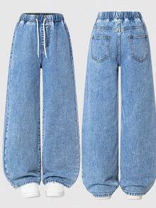SHEIN 少女时尚雪洗抽绳腰宽松阔腿牛仔裤 - 淺藍色 - 查看 4