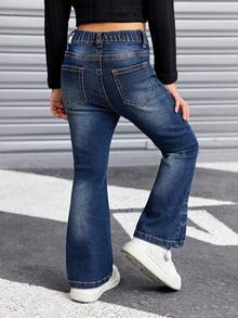 SHEIN SLAYR KIDS Young Girl' Ruffled Wavy Blue Denim Flared Jeans