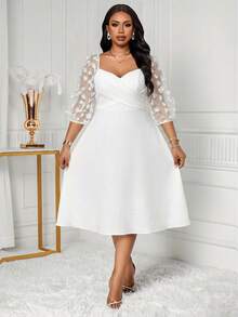 SHEIN Lady 大码夏季优雅撞色网纱贴花心形领连衣裙 - 白色 - 查看 8