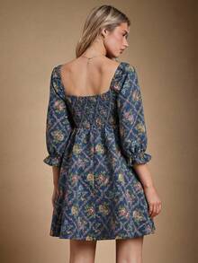 WESTFADE Đầm ngắn tay phồng, cổ vuông, lưng nhún, chất liệu jacquard, họa tiết hoa, phong cách boho dễ thương, thích hợp cho mùa thu, đông, đi xem hòa nhạc đồng quê, trang phục miền Tây cho nữ. - Xanh đậm - Xem 2